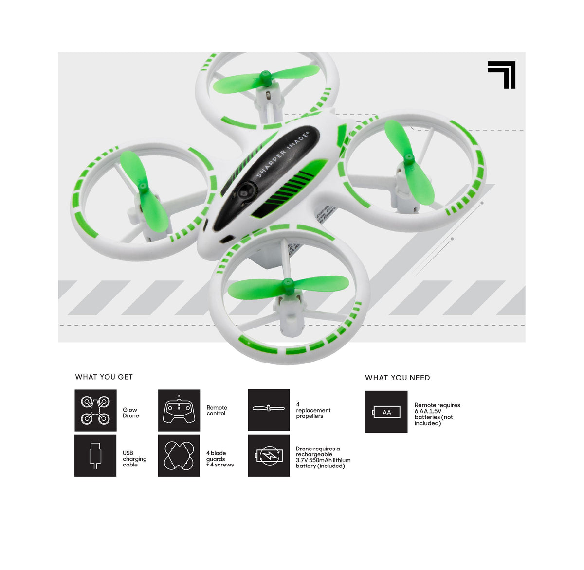 Sharper Image Glow Drone with green propellers, remote control, and USB charging cable