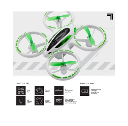 Sharper Image Glow Drone with green propellers, remote control, and USB charging cable