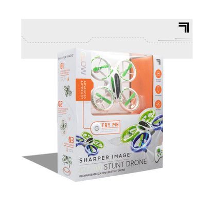 Sharper Image Stunt Drone with green and white propellers, orange carrying case, LED lights
