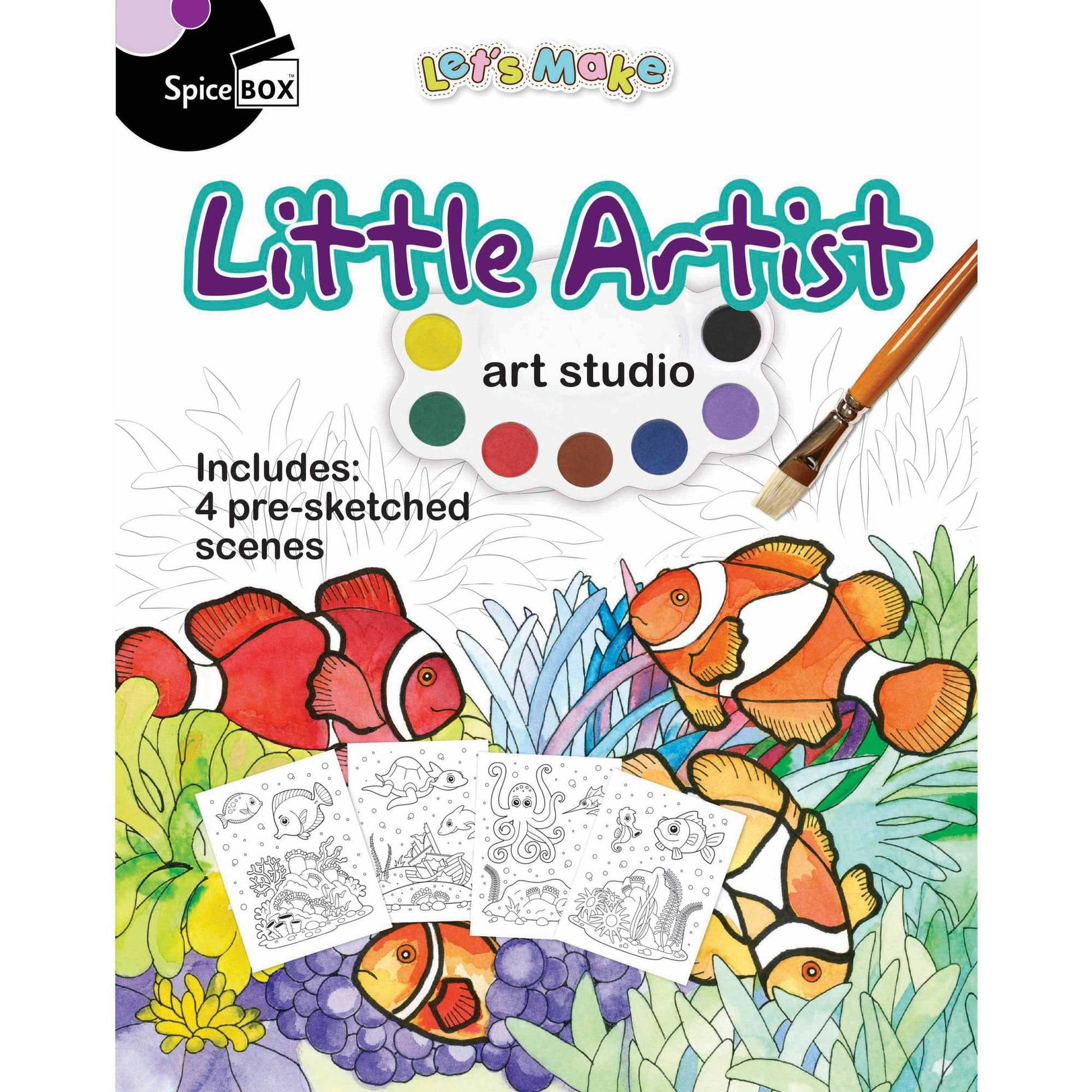 Spicebox Little Artist art studio set packaging showing paint palette, brush, and pre-sketched underwater scenes with clownfish and coral to color