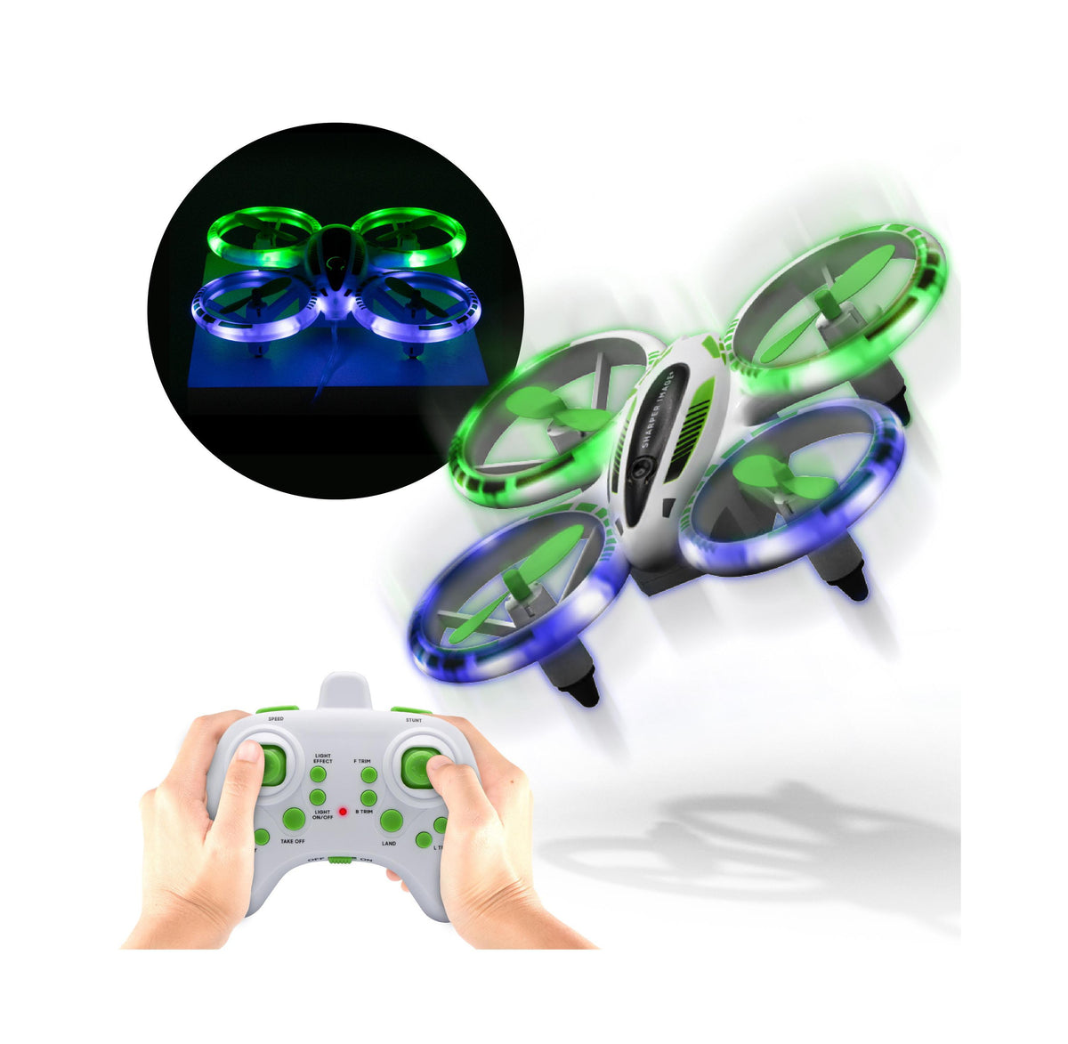 Sharper Image Glow Stunt 5 Drone with green and blue LED lights and remote control