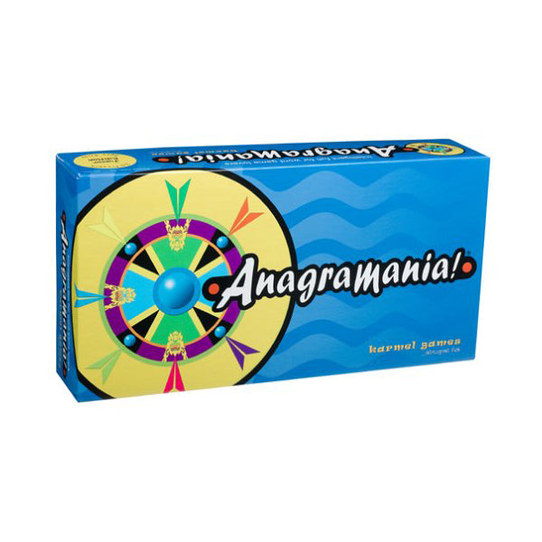 Anagramania Junior Edition board game box with blue background, colorful wheel spinner, and yellow circular design on front