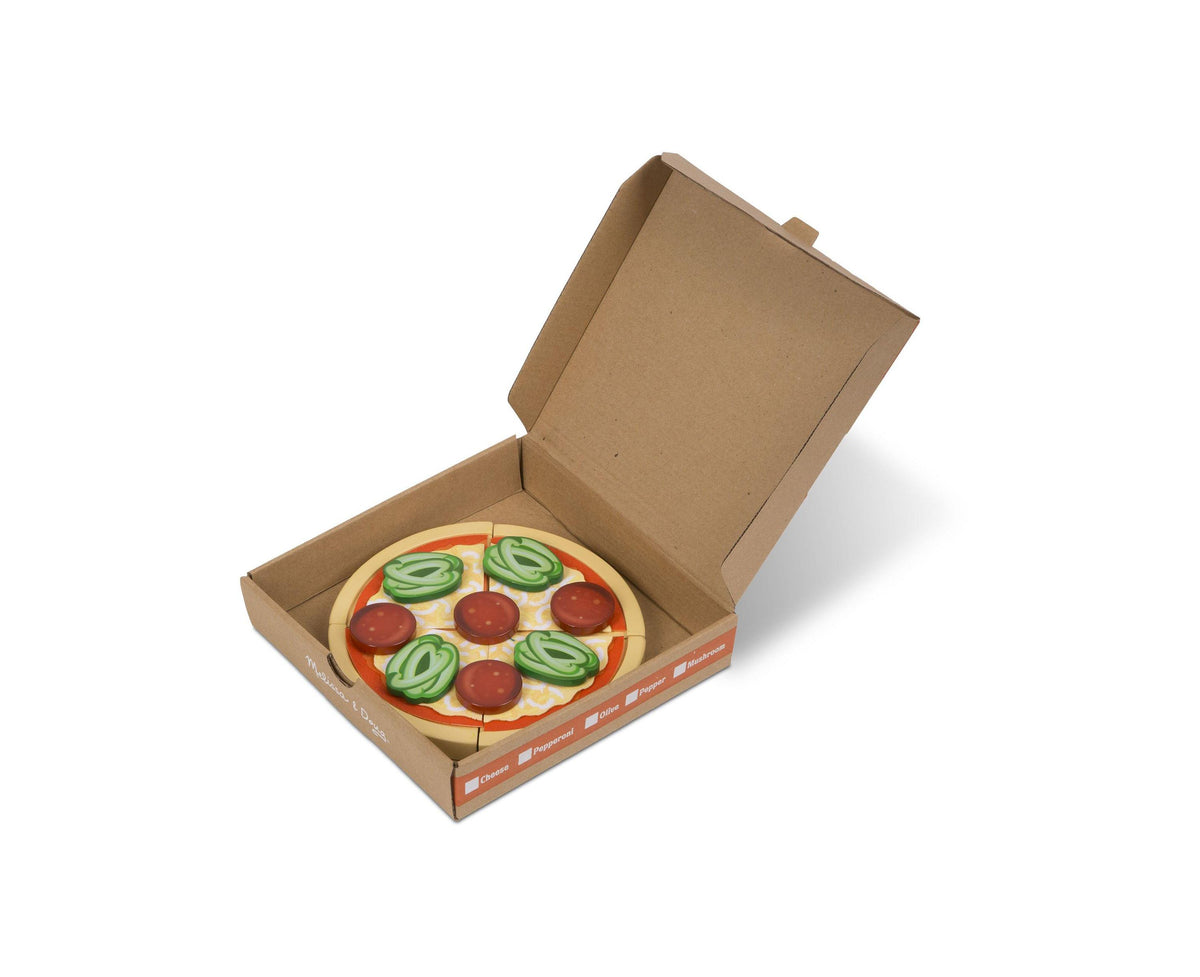 Melissa & Doug Top & Bake Wooden Pizza Counter Play Set with pizza featuring red pepperoni and green toppings in card...