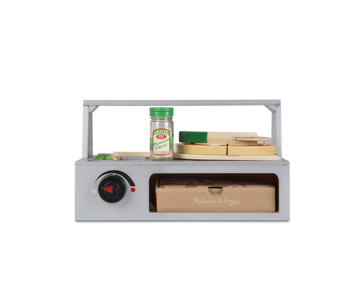 Melissa & Doug Top & Bake Pizza Counter Play Set with counter, pizza box, cheese shaker, and toppings