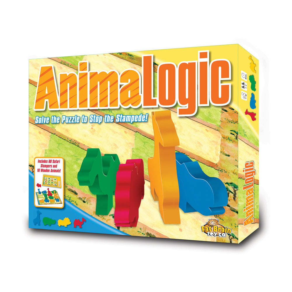 AnimaLogic game box showing colorful wooden animal puzzle pieces in green, red, orange, and blue on sand background with tagline 'Solve the Puzzle to Stop the S