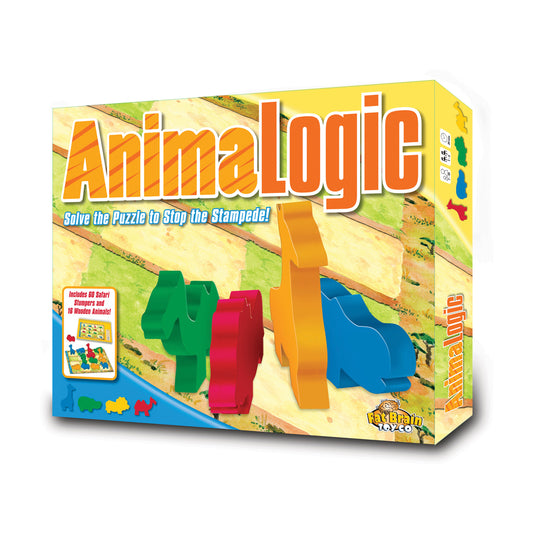 AnimaLogic game box showing colorful wooden animal puzzle pieces in green, red, orange, and blue on sand background with tagline 'Solve the Puzzle to Stop the S