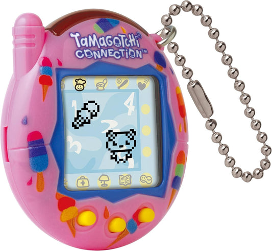 Pink Tamagotchi Connection digital pet handheld toy with colorful ice cream design, blue screen displaying pixel character, and metal ball chain keyring attache