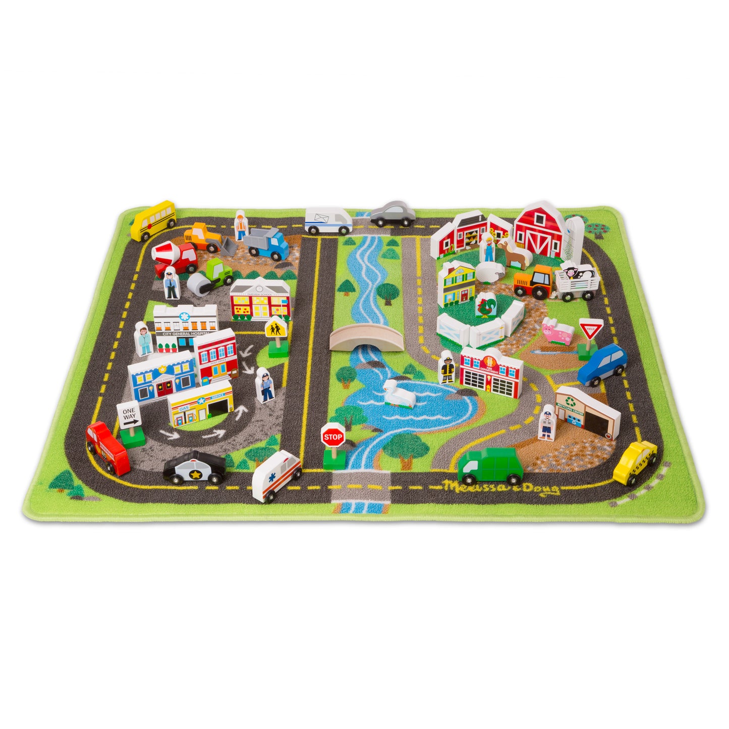 Deluxe road rug play set with green border featuring town scenes, roads with yellow lines, wooden vehicle and building accessories, trees, water, and figures