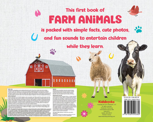This first book of FARM ANIMALS is packed with simple facts, cute photos, and fun sounds to entertain children while they learn. Banner featuring red barn, roos