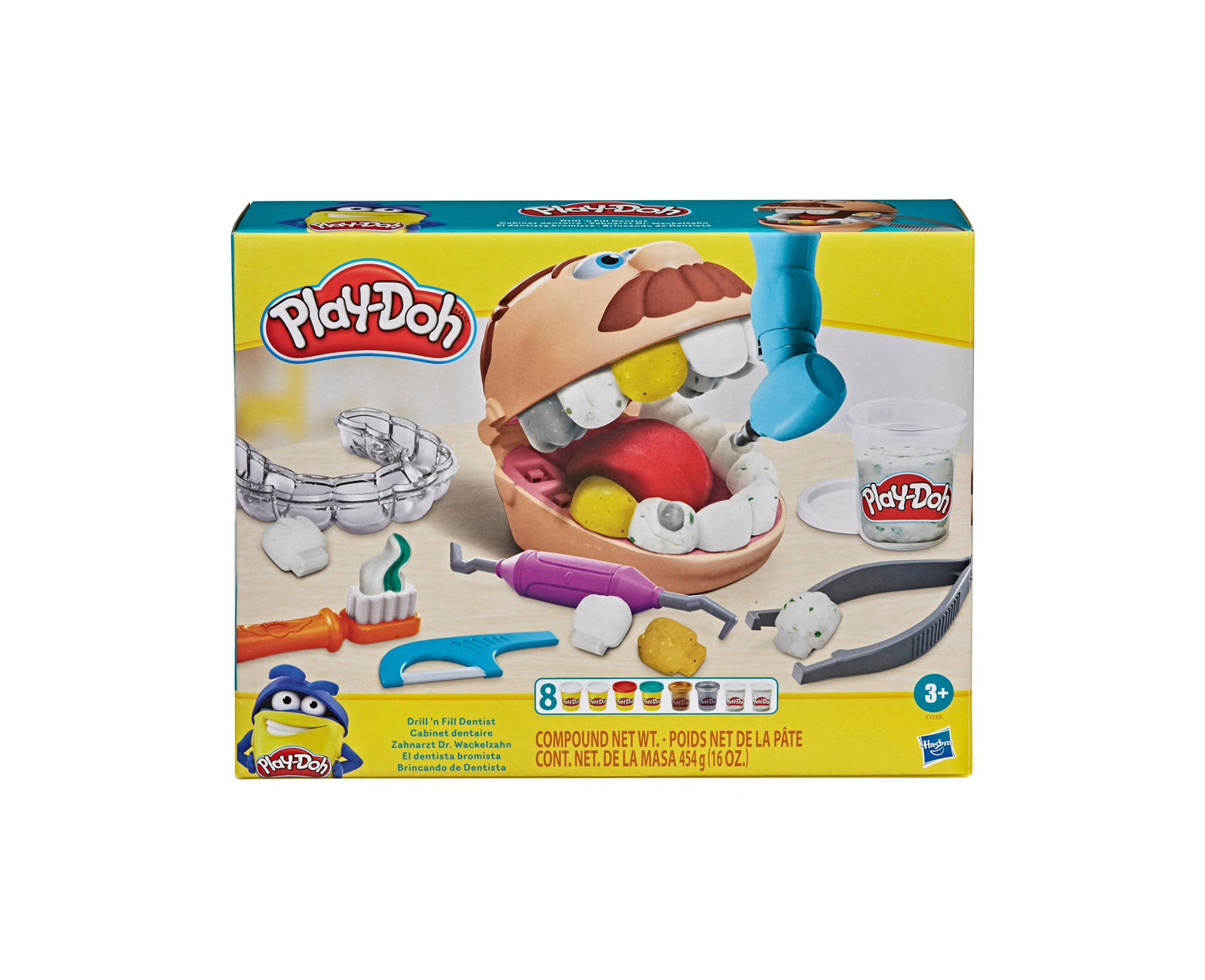 Play-Doh Drill 'n Fill Dentist set with brown tooth-shaped playset, dental tools, and 8 colorful dough containers