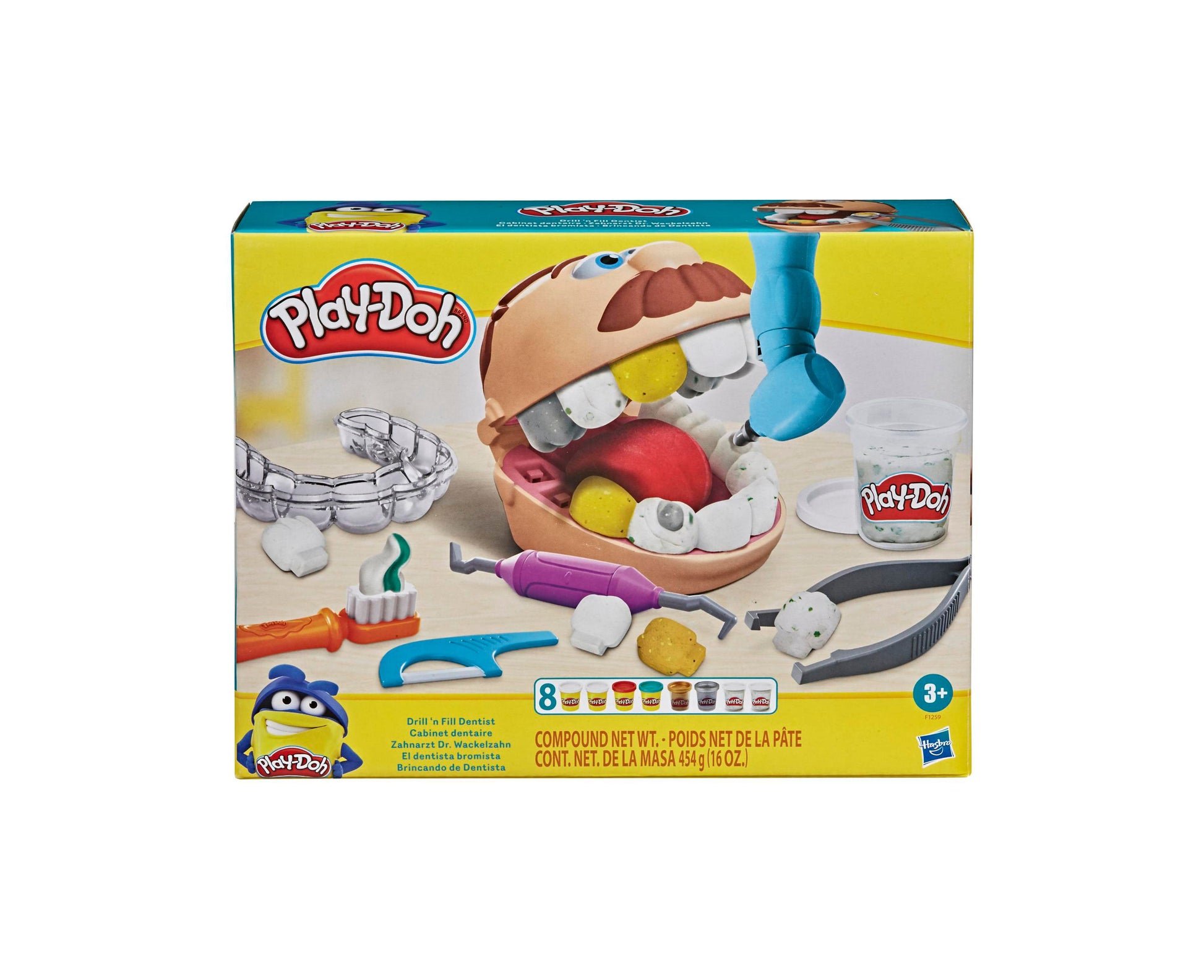 Play-Doh Drill 'n Fill Dentist set with brown tooth-shaped playset, dental tools, and 8 colorful dough containers