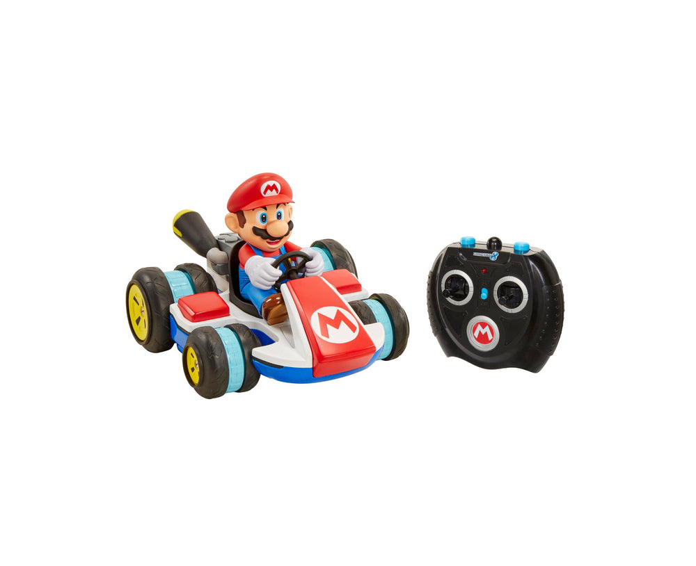 Mario character in red, white and blue kart with yellow and black wheels, shown with black remote control featuring blue accents and M logo