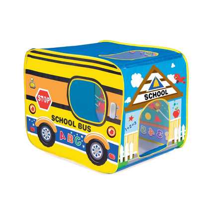 Banzai My Little School House Play Tent with school bus and schoolhouse designs, yellow and blue fabric with interactive learning graphics including ABCs and ma