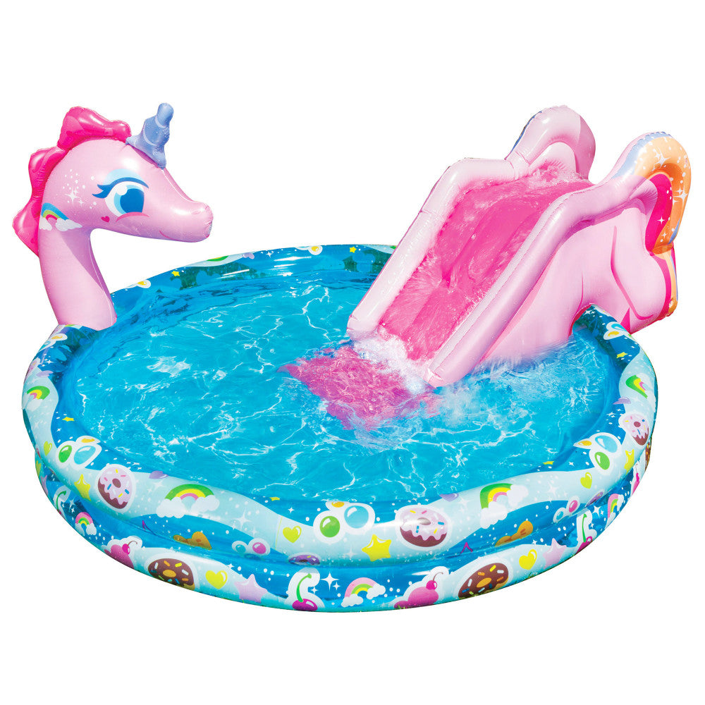 Pink unicorn-shaped inflatable water slide and pool with blue water basin, pink slide, and rainbow-patterned rim