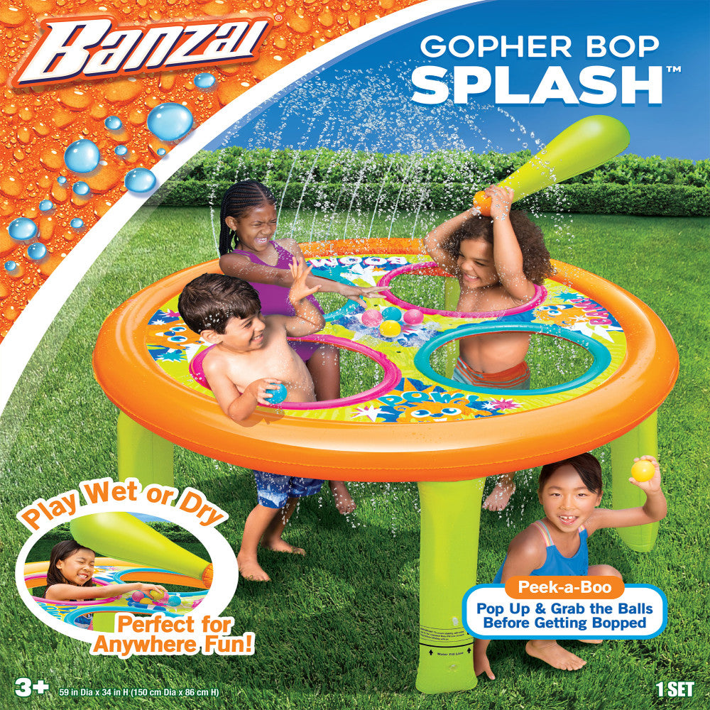 Banzai Gopher Bop Splash sprinkler game with orange rim and lime-green base, modeled by children playing in backyard; includes colorful pop-up targets and water