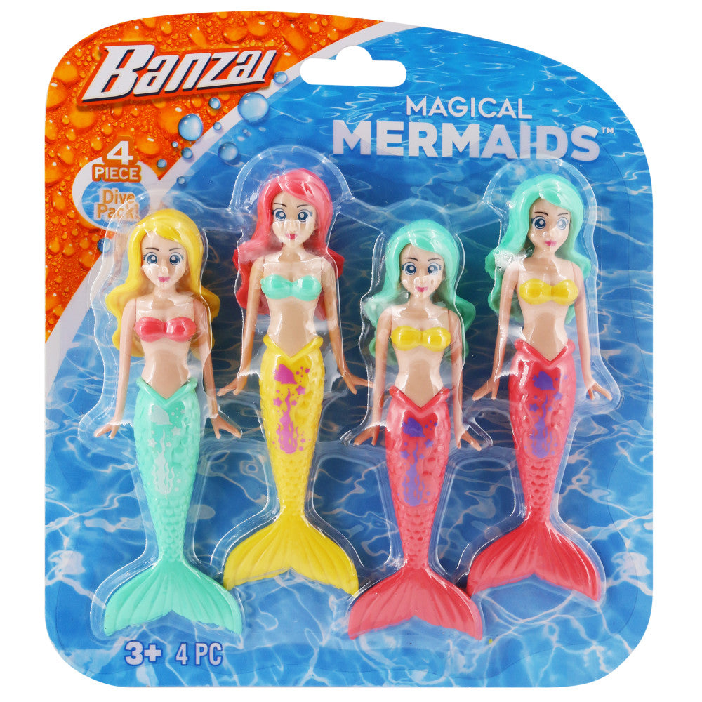 Four mermaid dolls with colorful hair and tails in yellow, red, green, and mint; packaged as Banzai Magical Mermaids 4-piece dive set