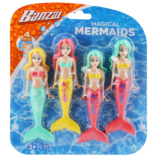 Four mermaid dolls with colorful hair and tails in yellow, red, green, and mint; packaged as Banzai Magical Mermaids 4-piece dive set
