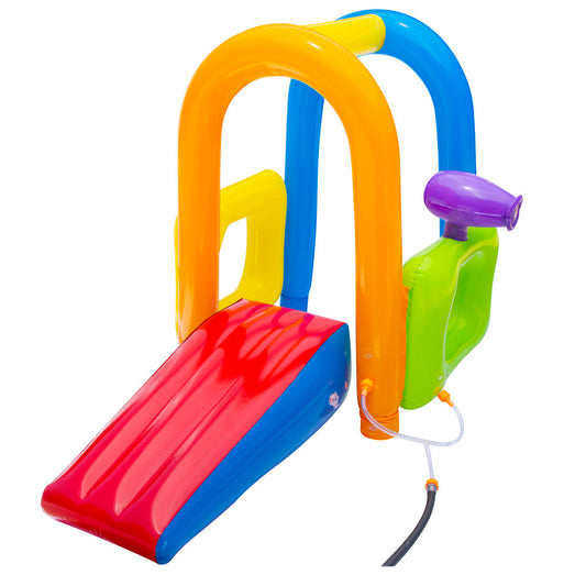 Colorful inflatable water park with orange and blue arches, red slide, green water gun, and yellow accents on plain background