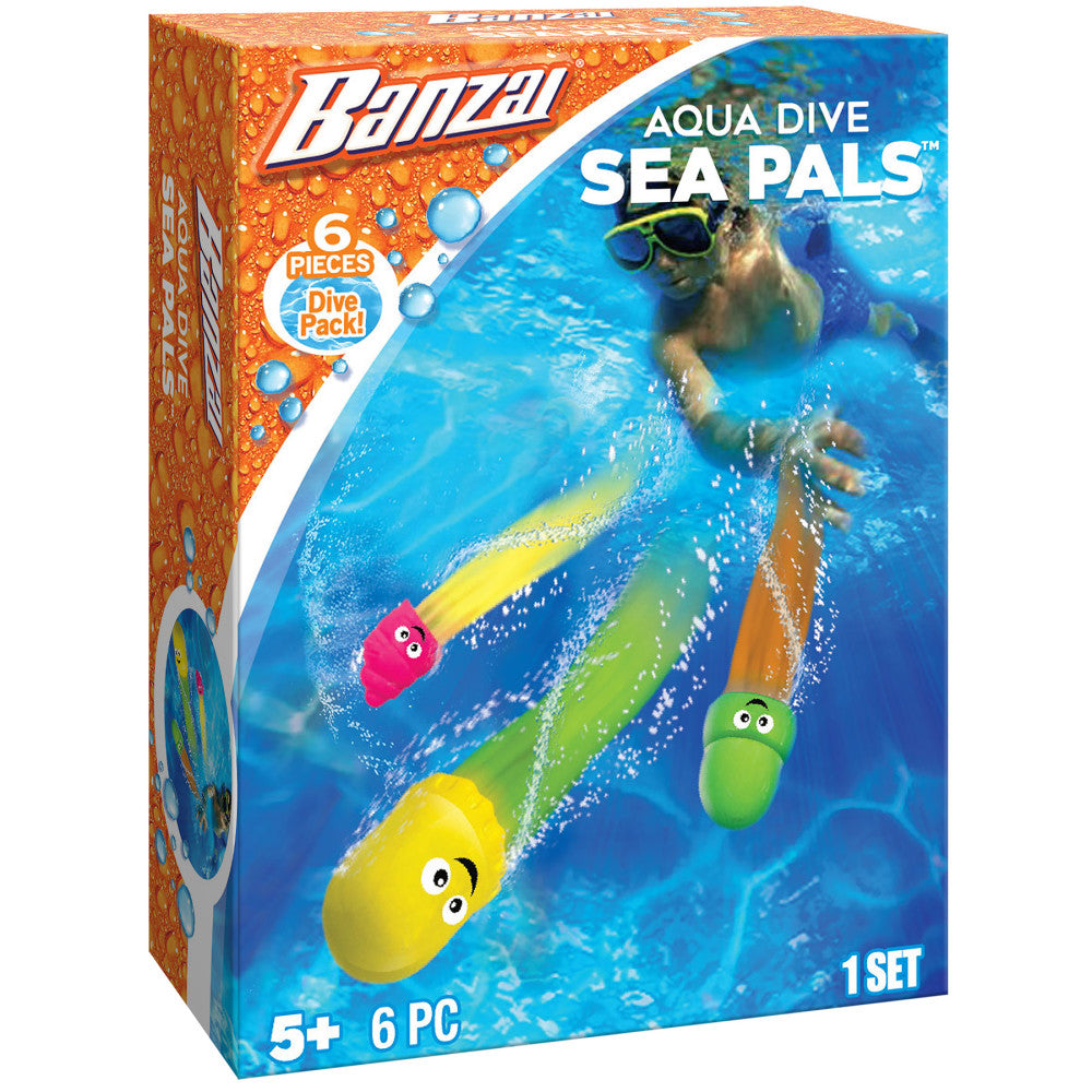 Banzai Aqua Dive Sea Pals 6-piece dive toy set with colorful character-shaped diving toys in pool water, modeled by a child wearing snorkel gear