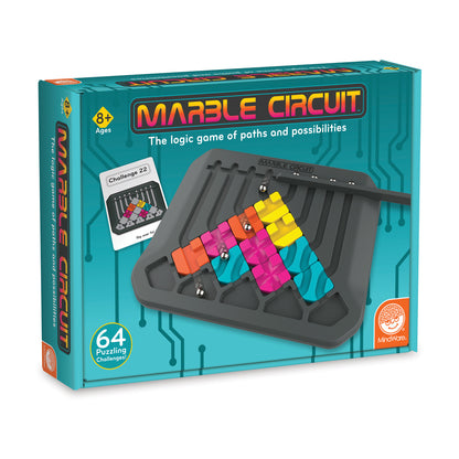 Marble Circuit logic game box showing turquoise packaging with colorful interlocking block pieces on black game board; 64 puzzling challenges, ages 8+