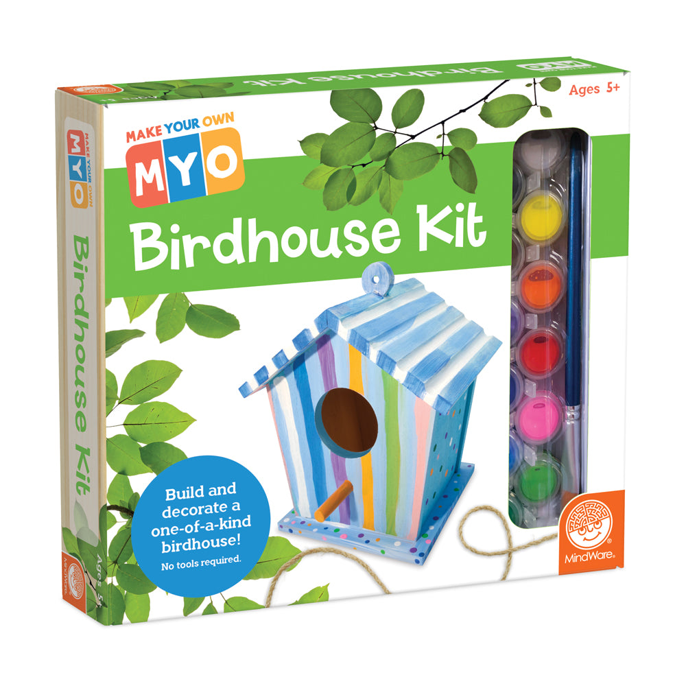 Make Your Own Myo Birdhouse Kit box showing colorful striped birdhouse with rope hanger and paint palette included, Ages 5+