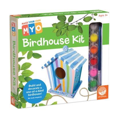 Make Your Own Myo Birdhouse Kit box showing colorful striped birdhouse with rope hanger and paint palette included, Ages 5+