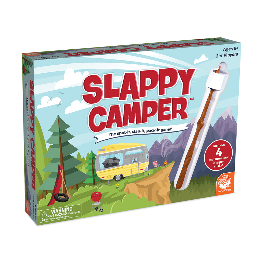 Slappy Camper board game box showing camping scene with yellow RV, trees, mountains, and marshmallow slapper stick included