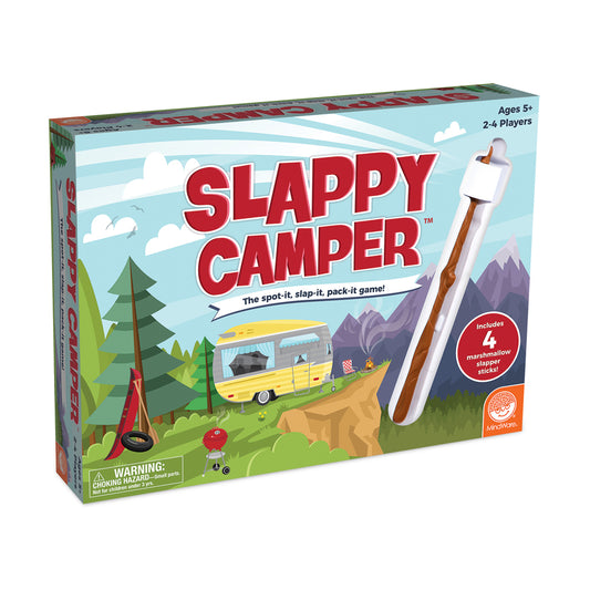 Slappy Camper board game box showing camping scene with yellow RV, trees, mountains, and marshmallow slapper stick included