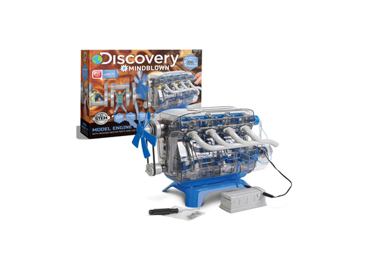 Discovery Mindblown STEM Model Engine Kit with transparent blue housing, moving motor parts, LED lights, blue stand, and accessories including screwdriver and i