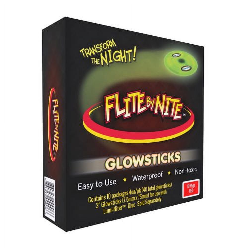 Flite by Nite Glowsticks package with glowing green disc, red and yellow ring design, text reading Transform the Night, Easy to Use, Waterproof, Non-toxic