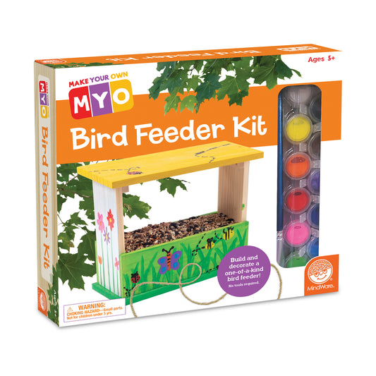 MindWare Make Your Own Bird Feeder Kit box showing assembled wooden feeder with yellow roof, white sides, green base, paint palette, and decorative paint pots i