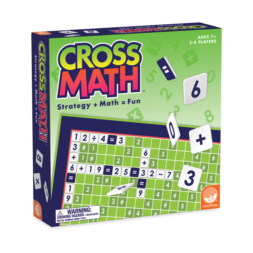 CrossMath board game box showing green grid game board with number tiles and math operation symbols, ages 7+, 2-4 players