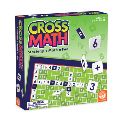 CrossMath board game box showing green grid game board with number tiles and math operation symbols, ages 7+, 2-4 players