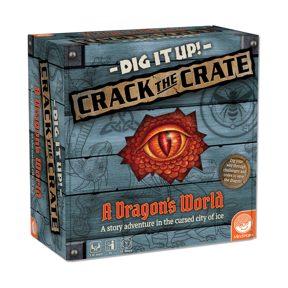 Crack the Crate: Dragon's World game box featuring a blue wooden crate design with a red dragon eye and text reading 'Dig It Up! Crack the Crate' and 'A Dragon'