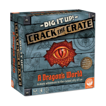 Crack the Crate: Dragon's World game box featuring a blue wooden crate design with a red dragon eye and text reading 'Dig It Up! Crack the Crate' and 'A Dragon'
