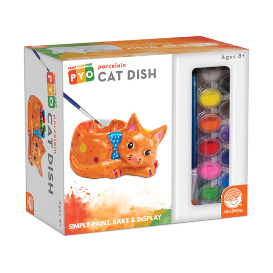 Paint Your Own Porcelain Cat Dish kit box showing orange cat-shaped dish with blue bow tie and included paint palette with brush