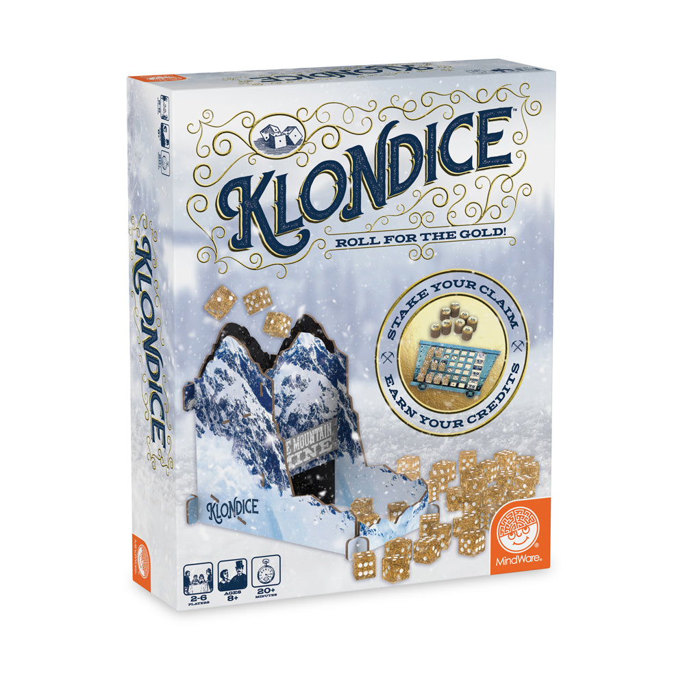 Klondice Roll for the Gold! board game box featuring snow-capped mountains, gold dice, and game board on white snowy background