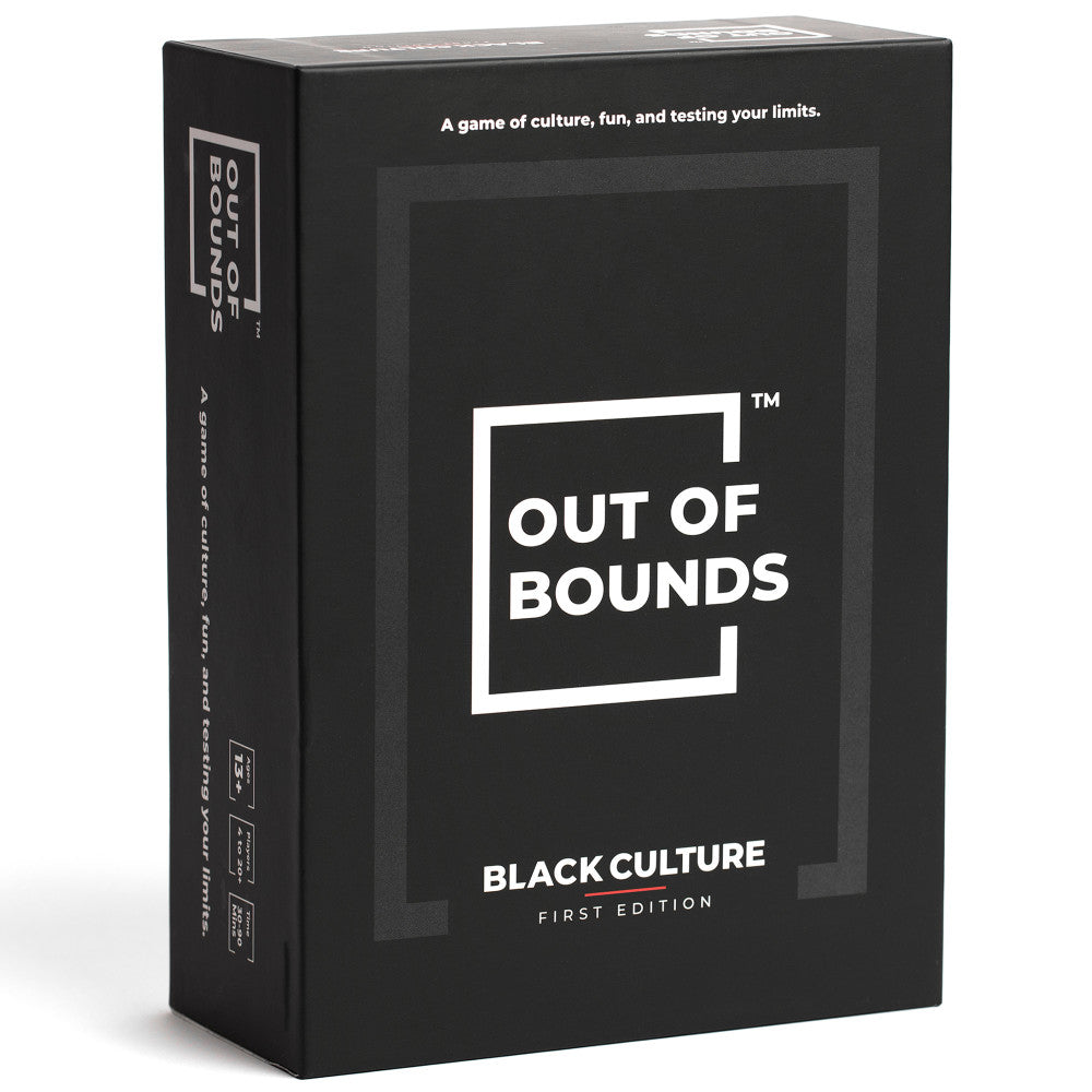 Out of Bounds Black Culture First Edition board game box featuring white logo on black packaging