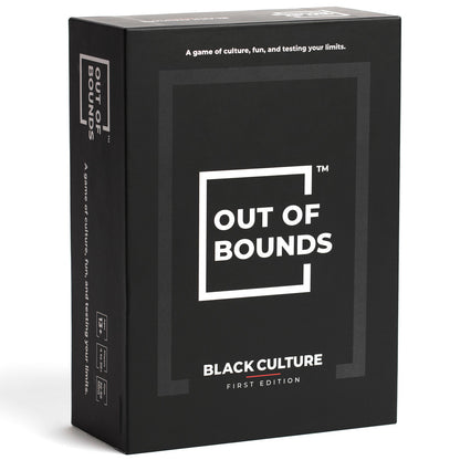 Out of Bounds Black Culture First Edition board game box featuring white logo on black packaging