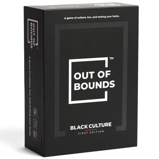 Out of Bounds Black Culture First Edition board game box featuring white logo on black packaging