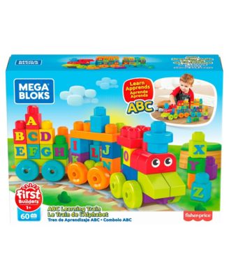 Mega Bloks First Builders 60-Piece ABC Learning Train Set with colorful letter blocks, rolling train cars, and statio...