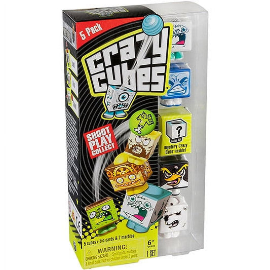 Crazy Cubes Arctic T 5-pack set showing five collectible character cubes with different expressive faces and colors, plus mystery cube and accessories in clear