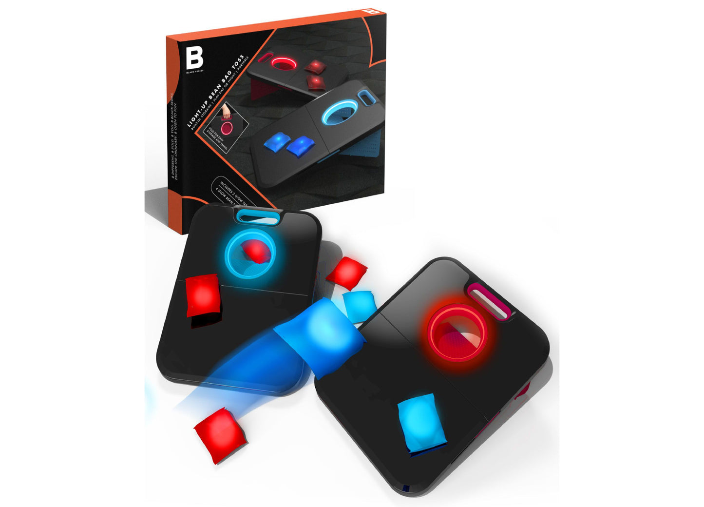 Black Series Glow-in-the-Dark Bean Bag Toss Game Set with illuminated red and blue circular targets on black paddles, glowing red and blue bean bags, and produc