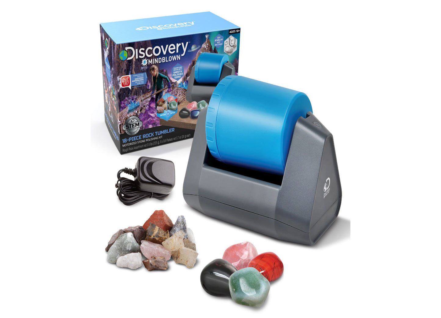 Discovery #MINDBLOWN 18-piece rock tumbler motorized stone polishing kit with blue barrel, gray base, power cord, and assorted raw stones and polished gemstones