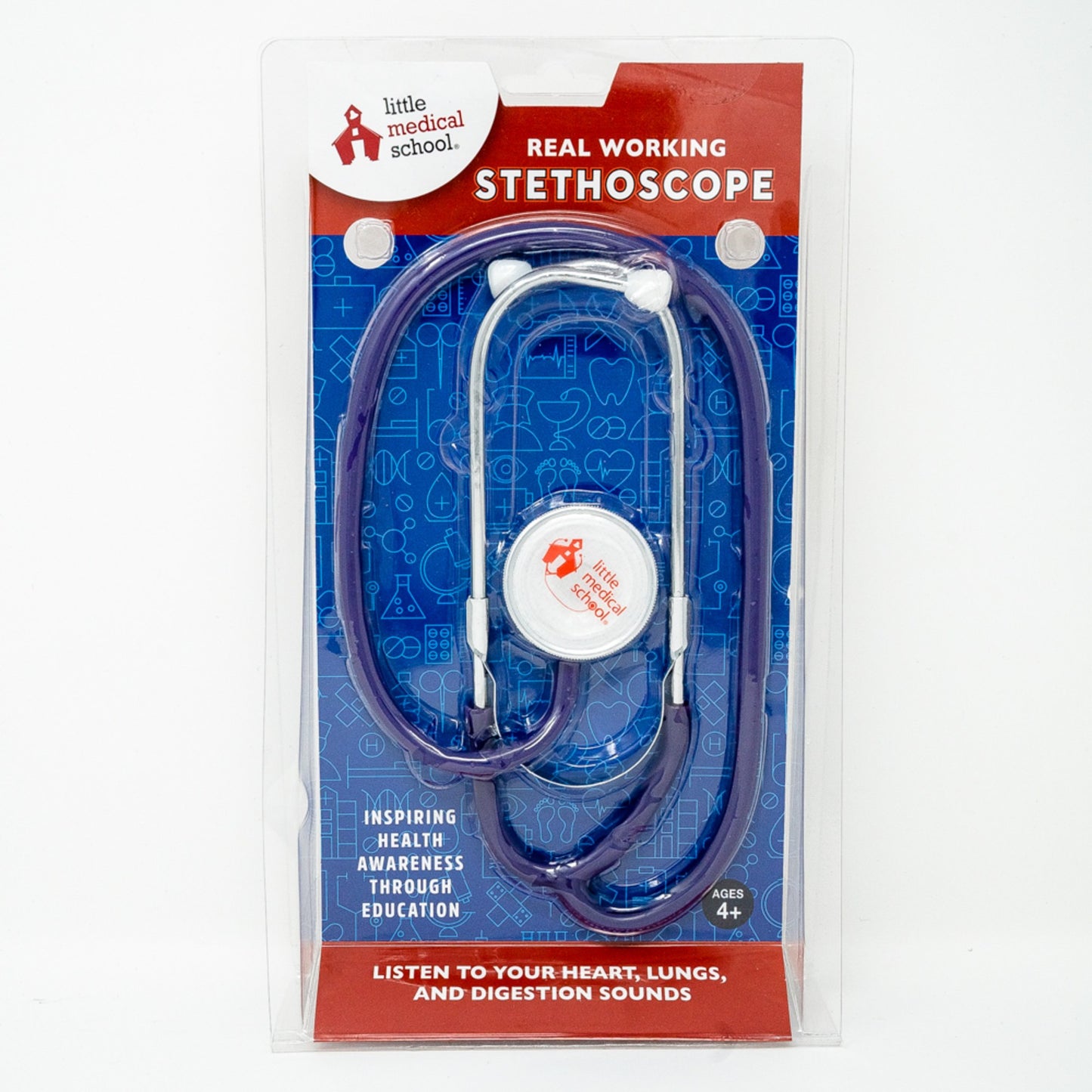 Little Medical School purple stethoscope with white earpieces and diaphragm, displayed on branded packaging