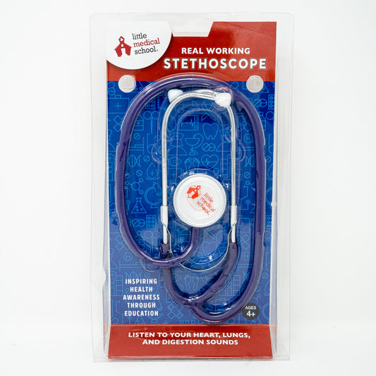 Little Medical School purple stethoscope with white earpieces and diaphragm, displayed on branded packaging
