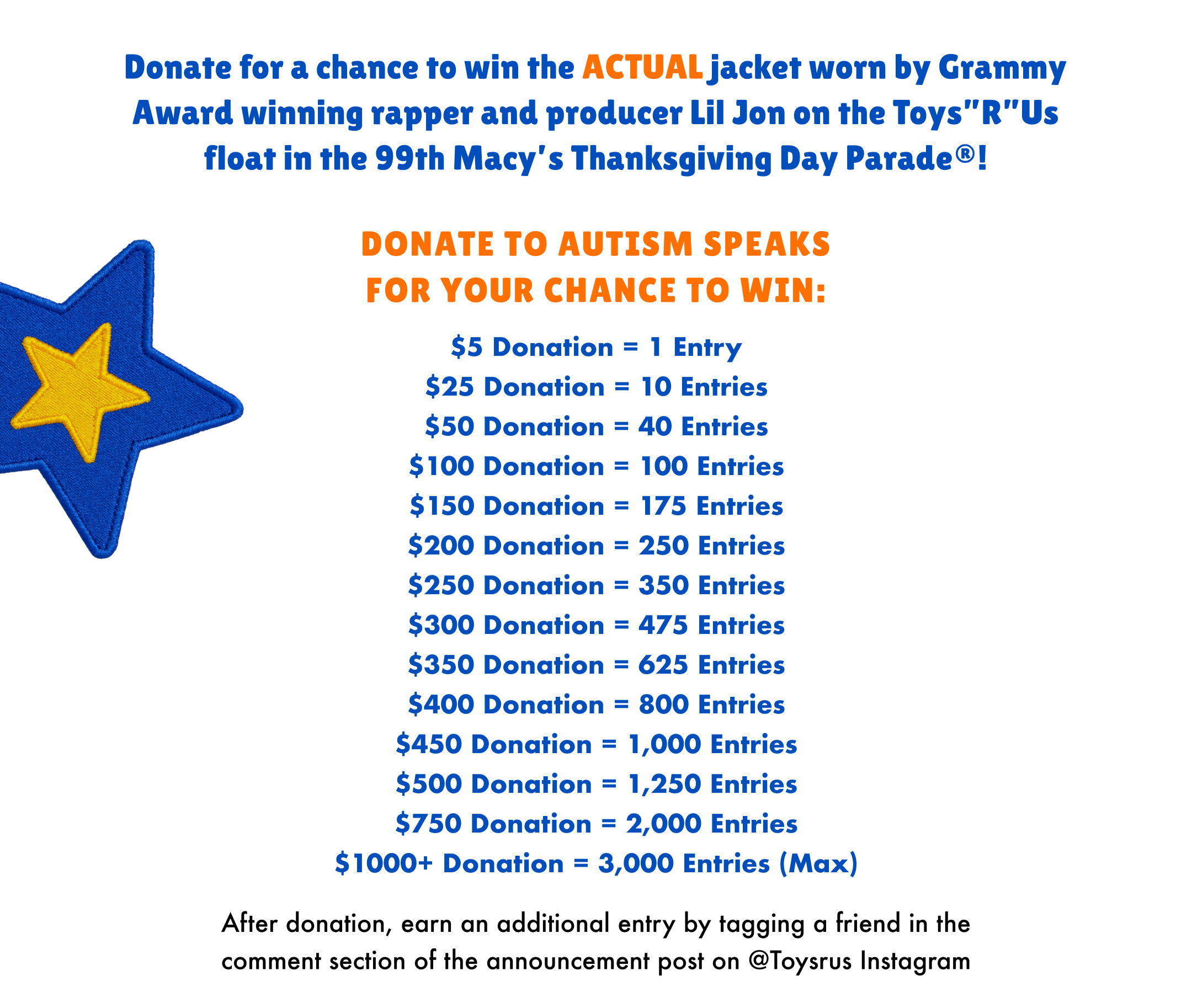 Donate for a chance to win the actual jacket worn by grammy award winning rapper and producer Lil Jon on the Toys"R"Us float in the 99th Macy's Thanksgiving Day Parade! Donate to Autism Speaks for your chance to win: $5 donation = 1 entry, $25 donation = 10 entries, $50 donation = 40 entries, $100 donation = 100 entires, $150 donation = 175 entries, $200 donation = 250 entries, $250 donation = 350 entries, $300 donation = 475 entries, $350 donation = 625 entries, $400 donation = 800 entries, $450 donation = 1,000 entries, $500 donation = 1,250 entries, $750 donation = 2,000 entries, $1,000+ donation = 3,000 entires (max) After donation, earn an additional entry by tagging a friend in the comment section of the announcement post on @Toysrus Instagram.