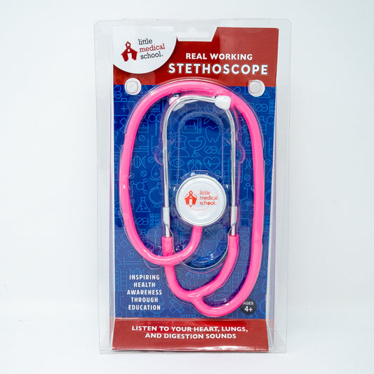 Little Medical School pink real working stethoscope in packaging, with white earpieces and diaphragm, ages 4+