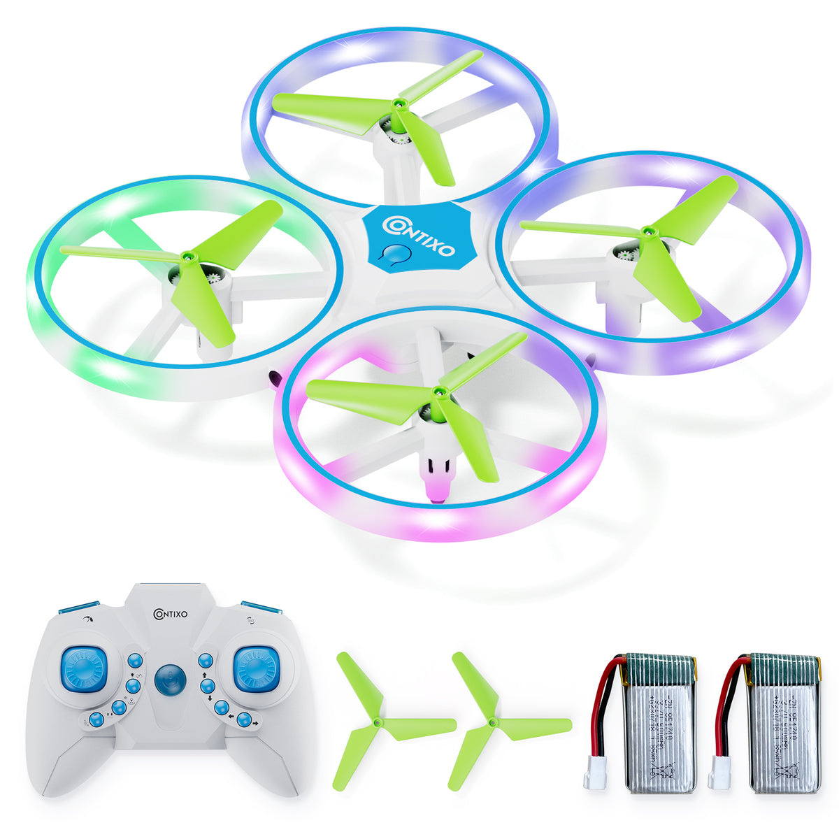 Contixo TD1 Dragonfly Drone with four LED-lit propeller guards in gradient colors (green, blue, purple, pink), white body, lime-green propellers, white remote c