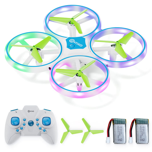 Contixo TD1 Dragonfly Drone with four LED-lit propeller guards in gradient colors (green, blue, purple, pink), white body, lime-green propellers, white remote c